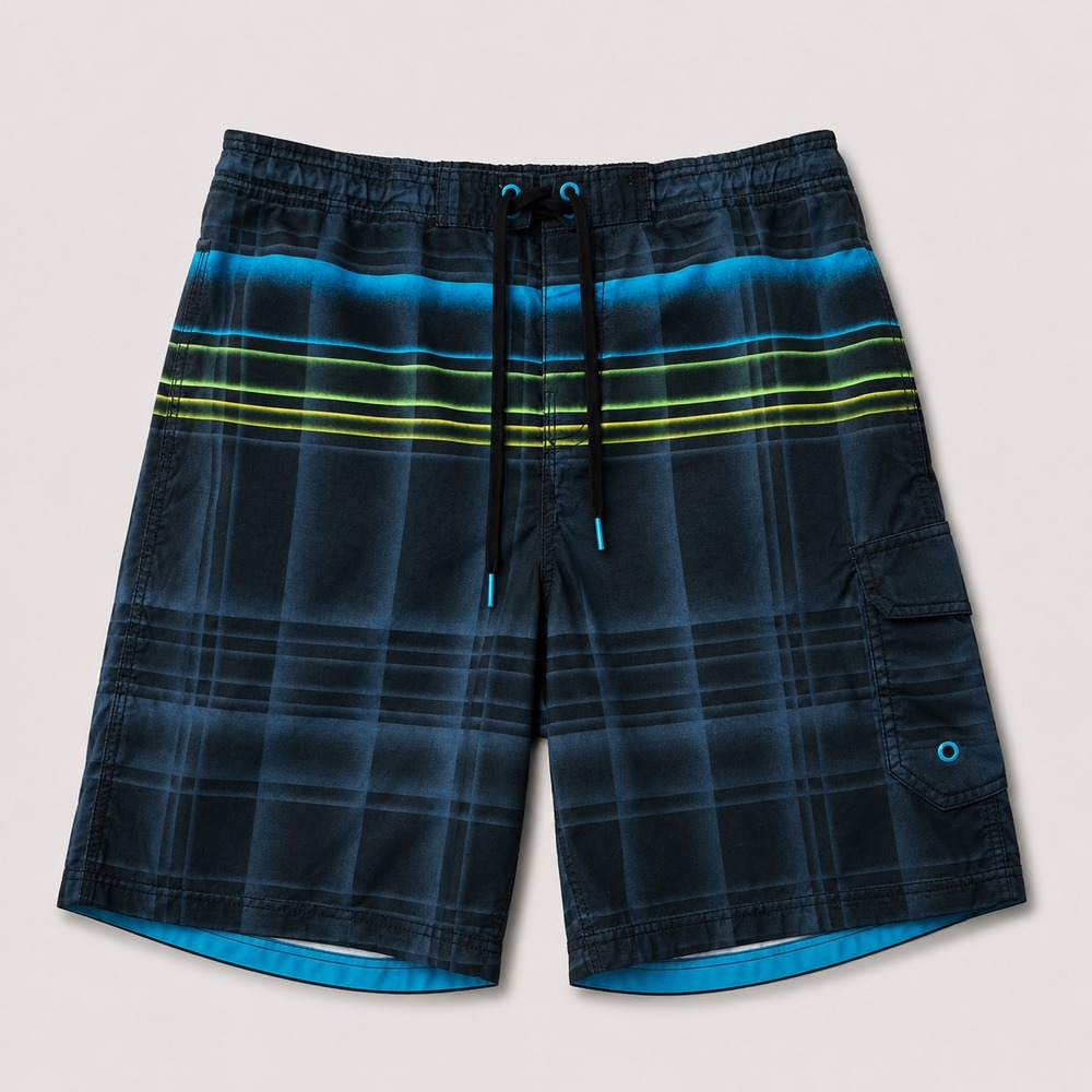 Speedo Mens L Blue Plaid Board Shorts Swim Trunks Cargo Pocket Beach Surf